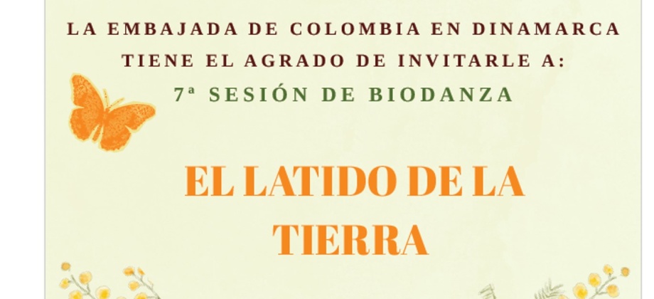 La Embajada de Colombia en Dinamarca invita a la 7.ª sesión de Biodanza titulada "El Latido de la Tierra" el 21 de mayo de 2025